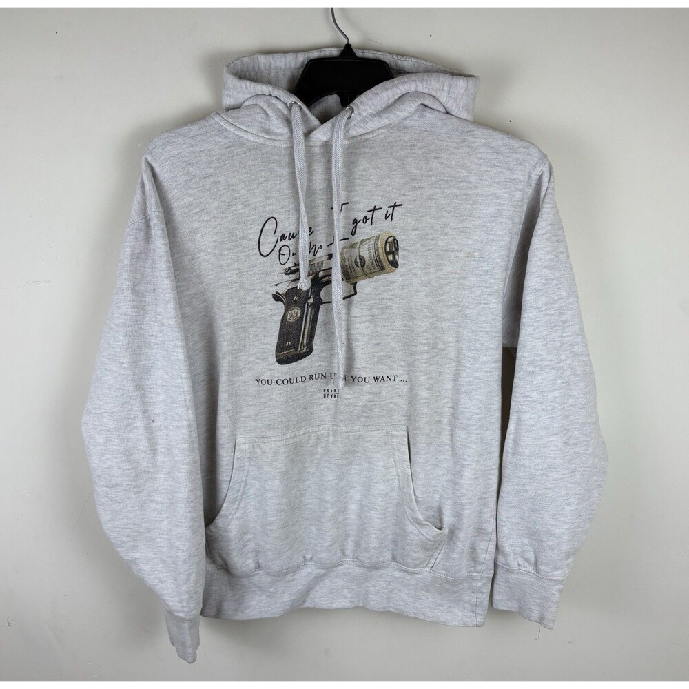 Men’s Point Blank / Money / Gun Graphic Hoodie / Sweatshirt/Grey / Size Medium